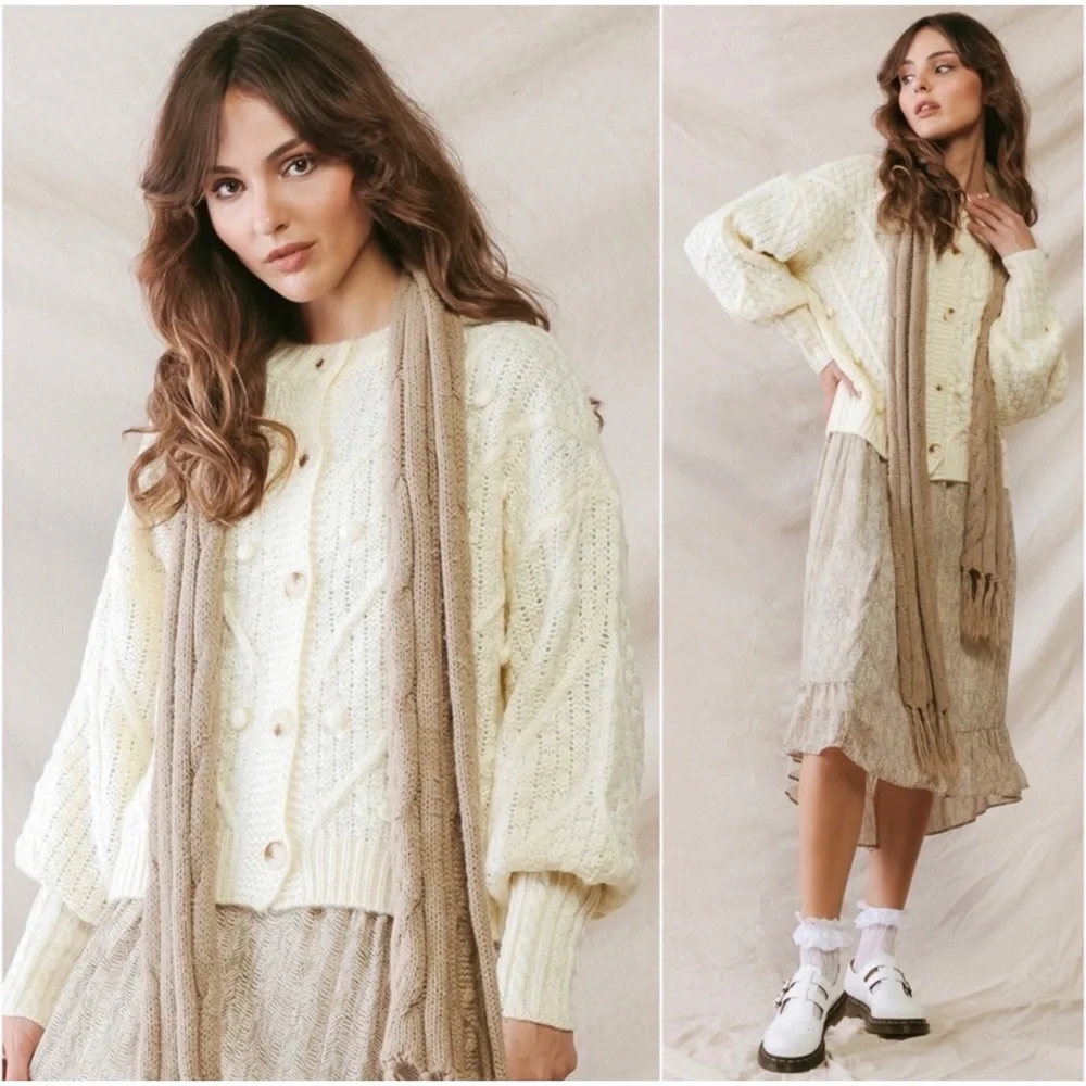1 LEFT! Women's Cream Pom Knit Button Front Cardigan Elegant Classy Fall Sweater - Picture 2 of 3